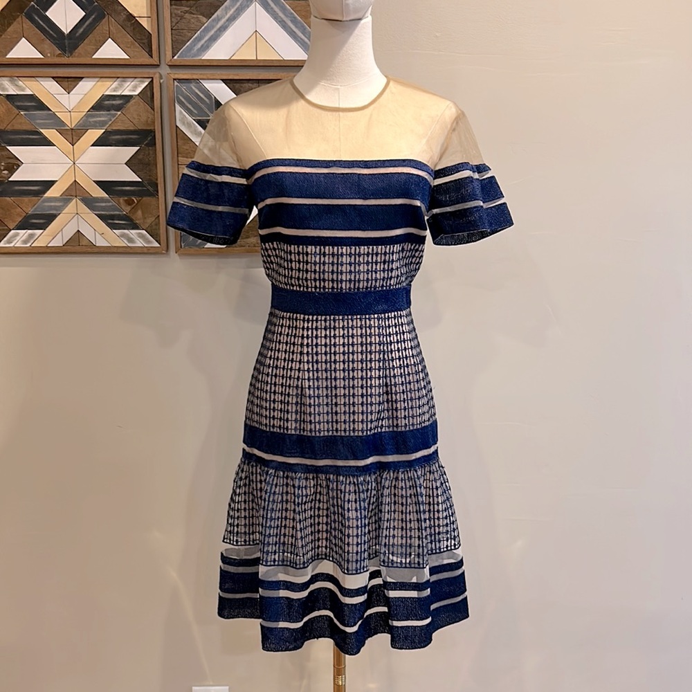 Self-Portrait Navy and Cream Stripe Knit Fit-and-Flare Dress